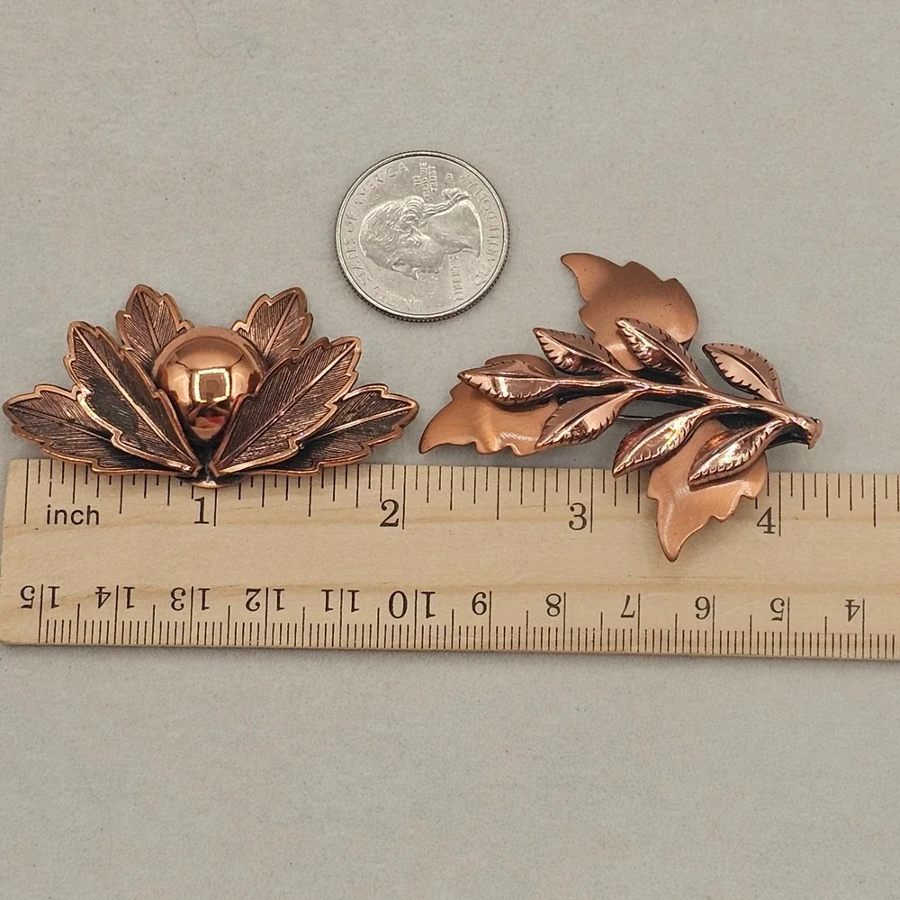 Vintage Copper Brooch Pins 2pc Leaf Botanical MCM Renoir Copper Bell